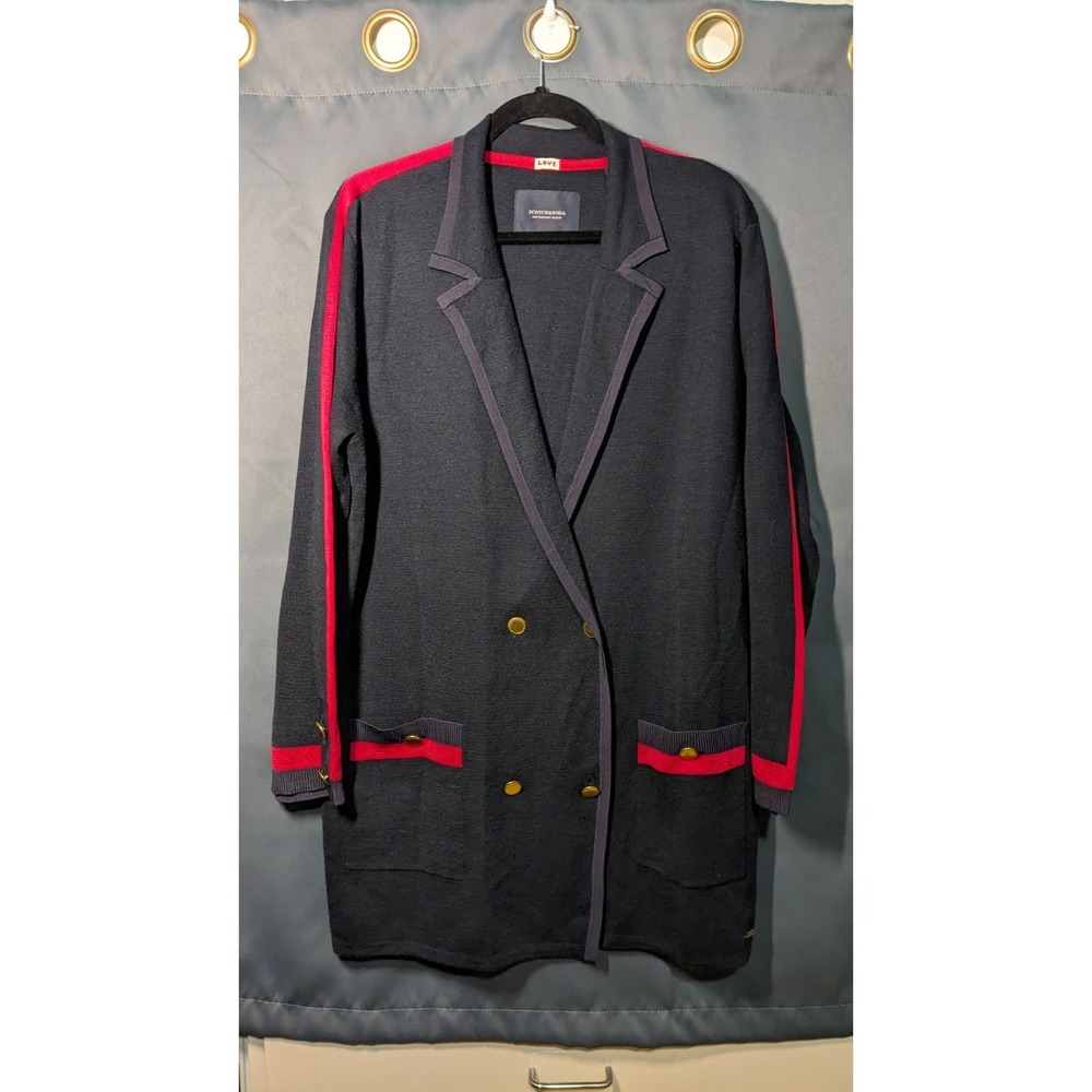 Scotch & Soda Luxury Knitted Blazer Cardigan Jacket Women Navy Blue & Red Stripe